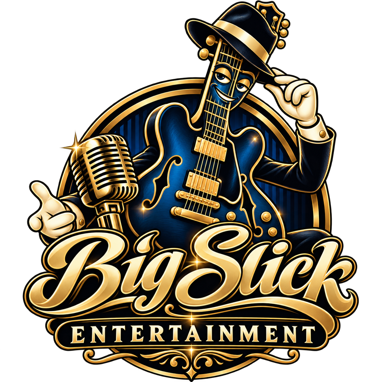 Big Slick Entertainment logo: a gold and blue hollow-body guitar character in a fedora beside a vintage microphone