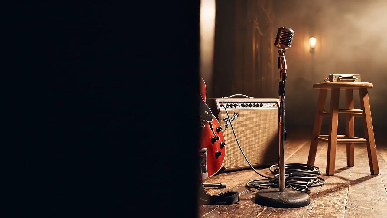 Guitars and vintage amplifiers on an empty blues stage